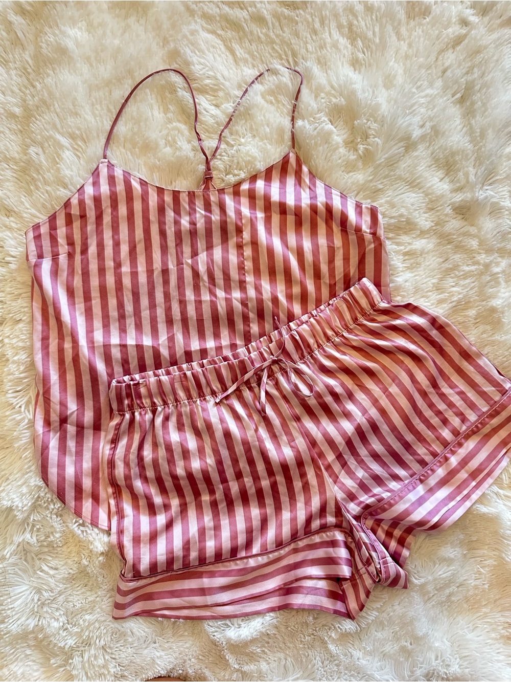 Victoria's Secret Pink & White Striped Satin Cami and Shorts Set